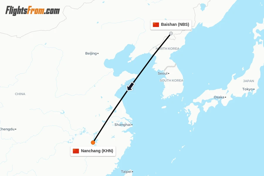 Flights from Baishan to Nanchang route map