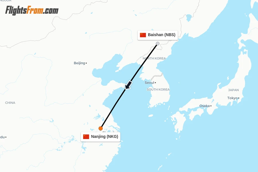 Flights from Baishan to Nanjing route map