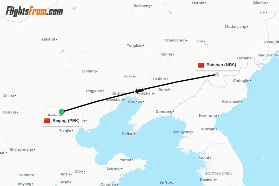 Flights from Baishan to Beijing route map