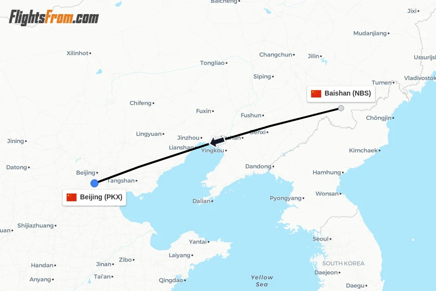Flights from Baishan to Beijing route map