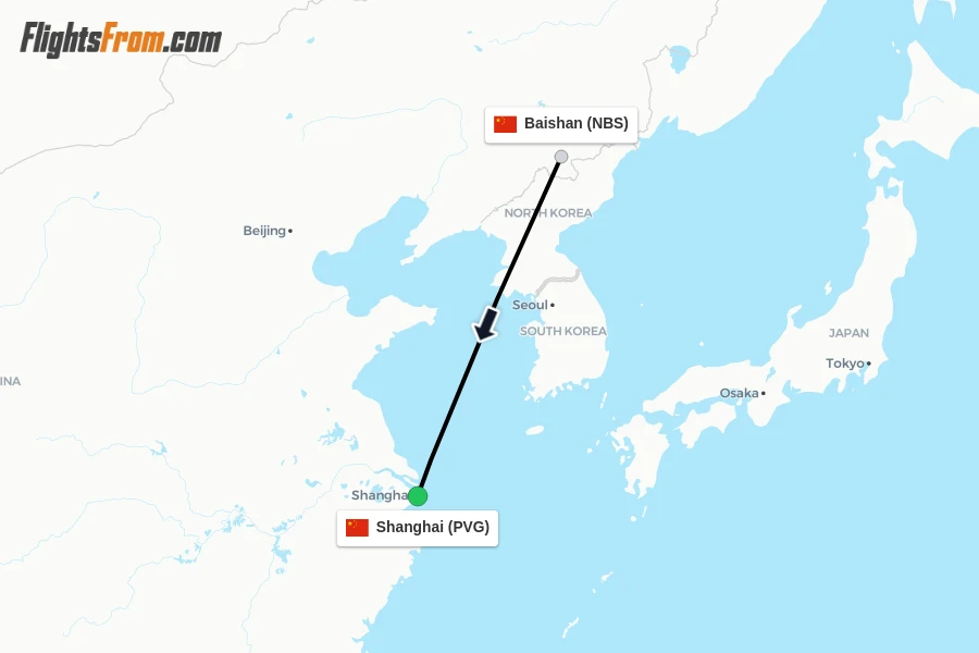Flights from Baishan to Shanghai route map