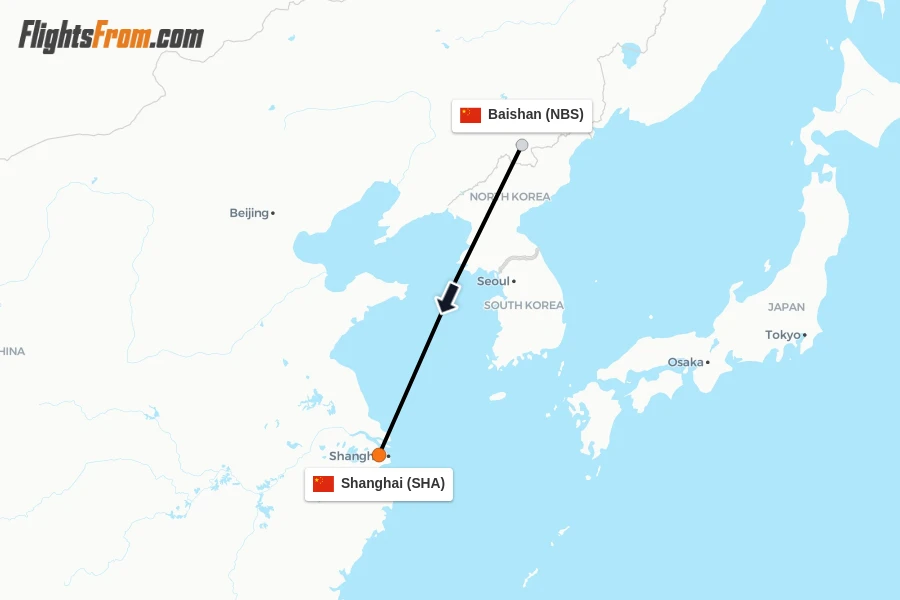 Flights from Baishan to Shanghai route map