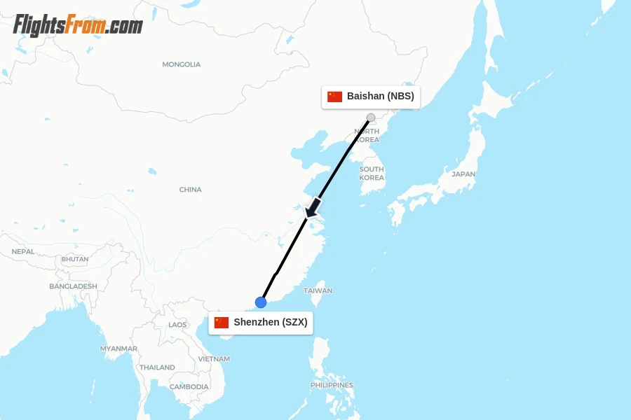 Flights from Baishan to Shenzhen route map