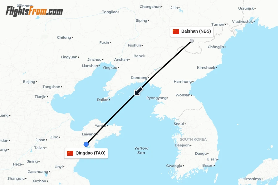 Flights from Baishan to Qingdao route map