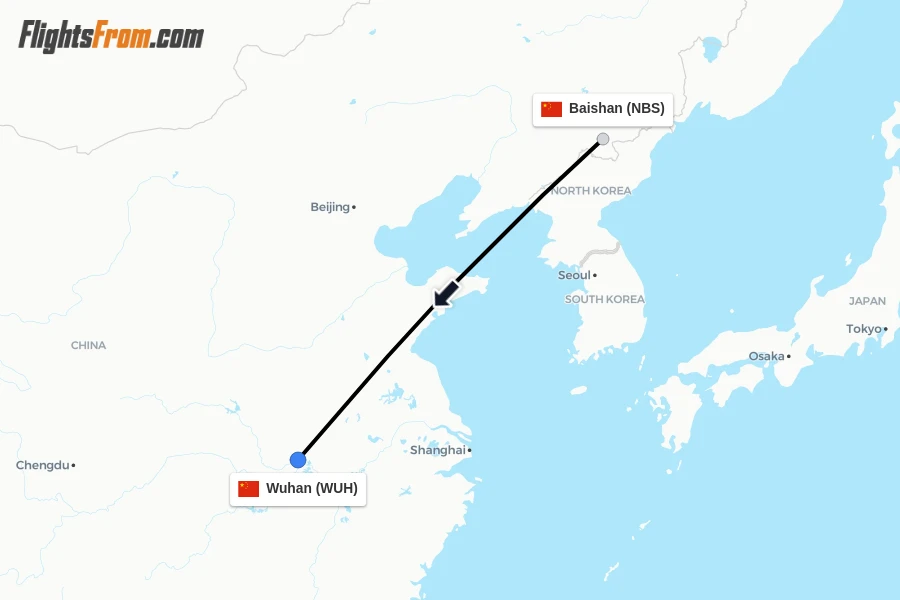 Flights from Baishan to Wuhan route map