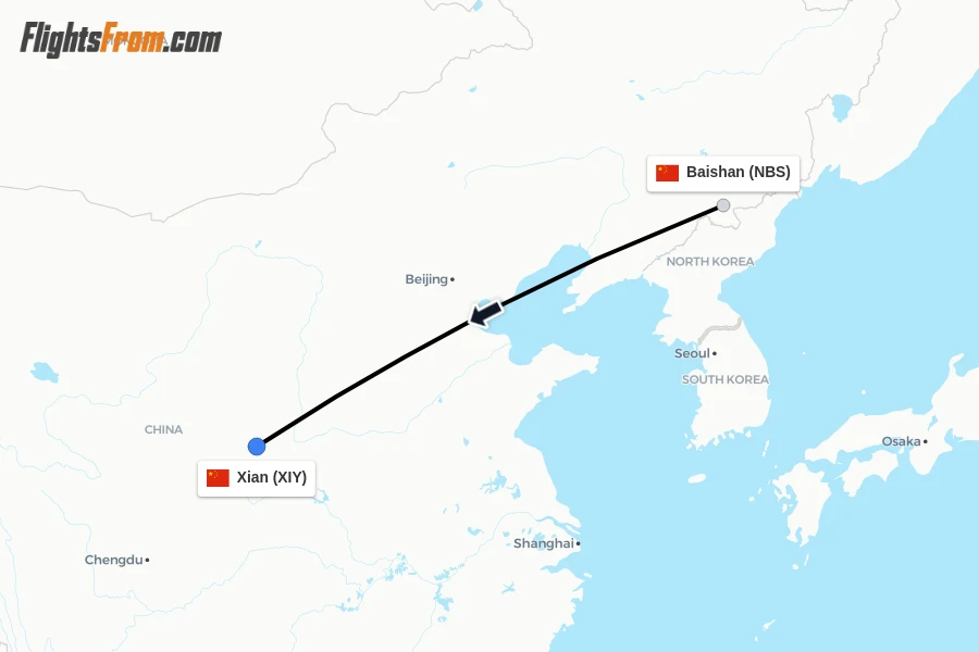 Flights from Baishan to Xian route map