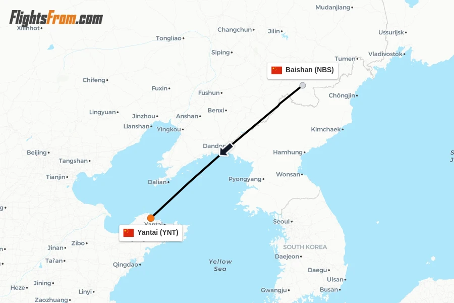 Flights from Baishan to Yantai route map