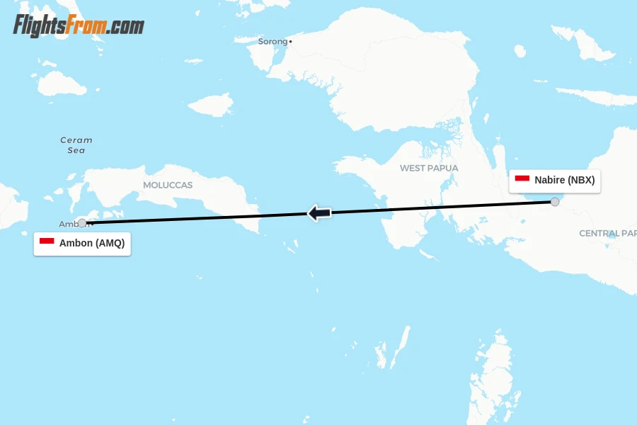 Flights from Nabire to Ambon route map
