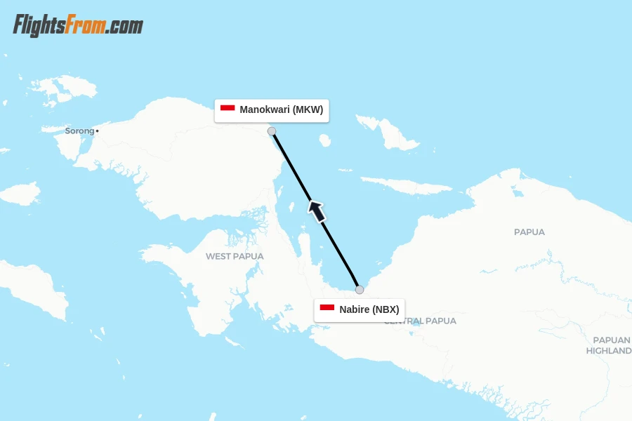 Flights from Nabire to Manokwari route map