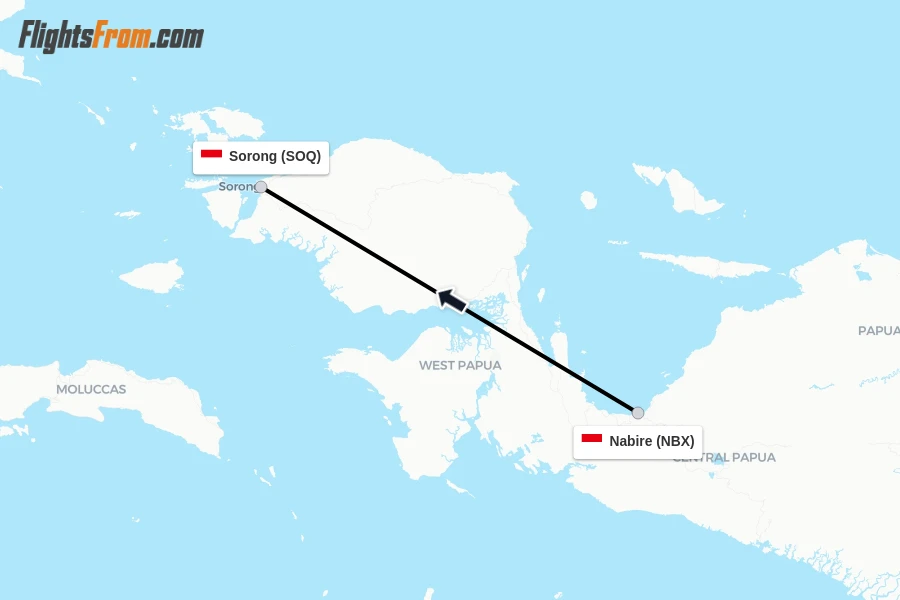 Flights from Nabire to Sorong route map