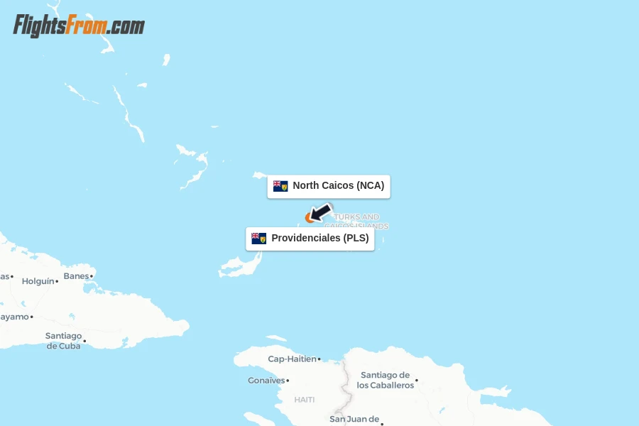Flights from North Caicos to Providenciales route map