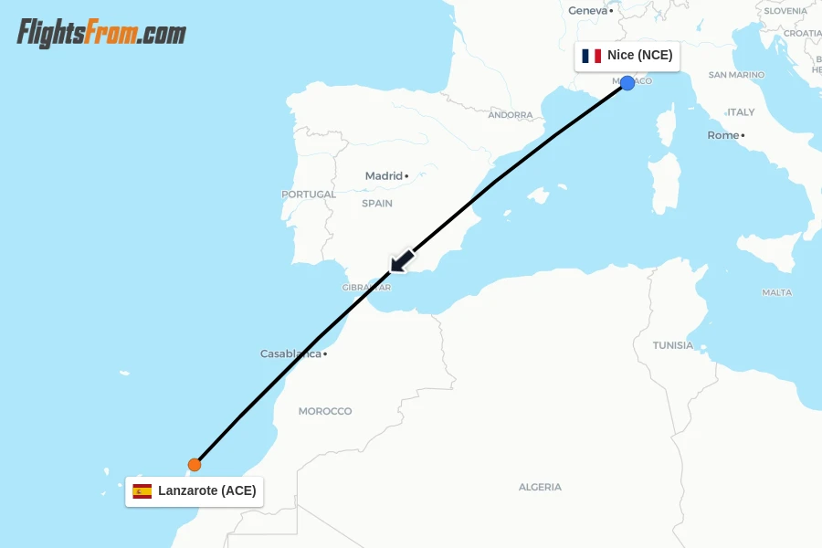 Flights from Nice to Lanzarote route map