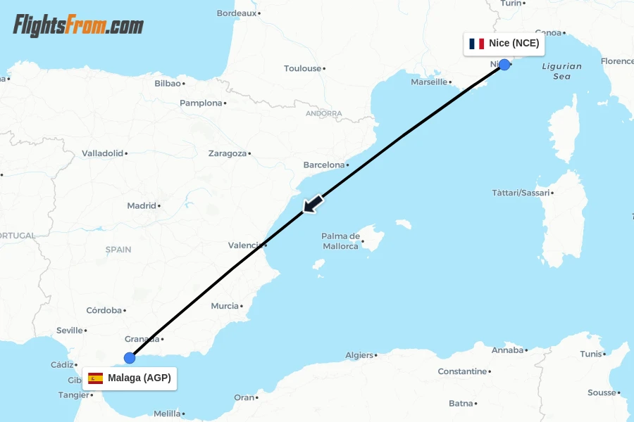 Flights from Nice to Malaga route map