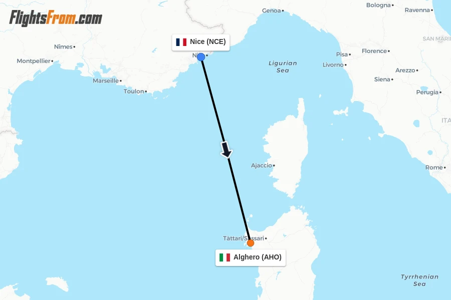 Flights from Nice to Alghero route map