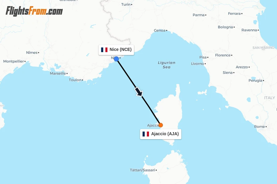 Flights from Nice to Ajaccio route map