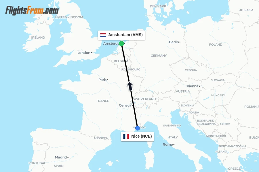 Flights from Nice to Amsterdam route map