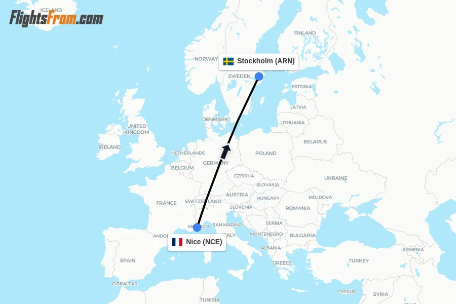 Flights from Nice to Stockholm route map