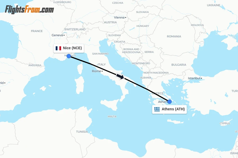 Flights from Nice to Athens route map