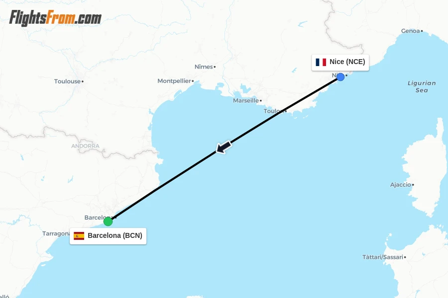 Flights from Nice to Barcelona route map