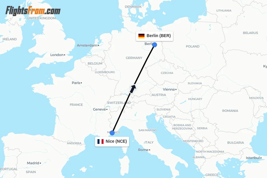 Flights from Nice to Berlin route map