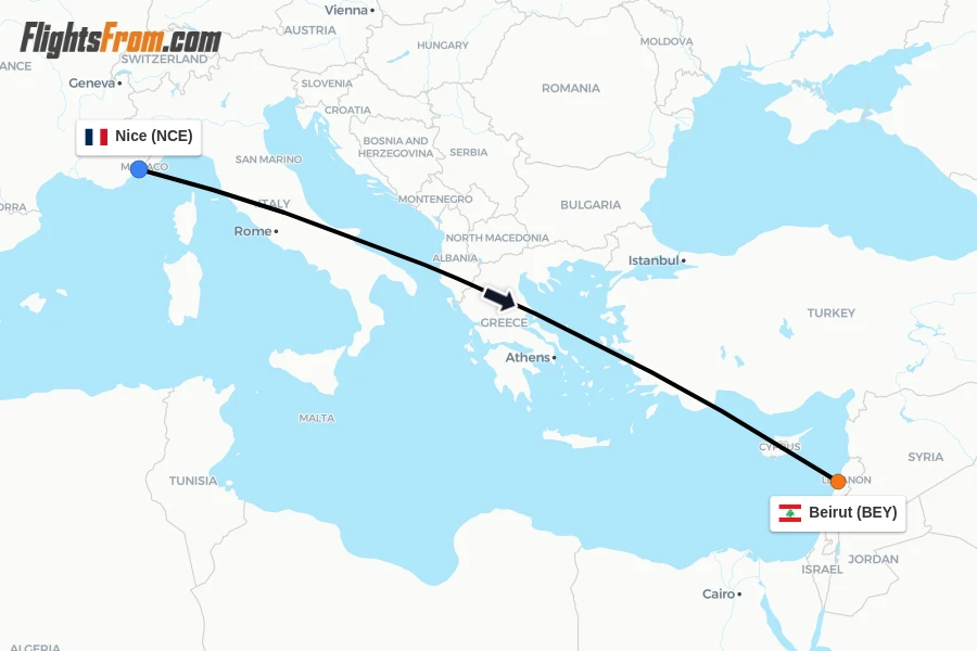 Flights from Nice to Beirut route map