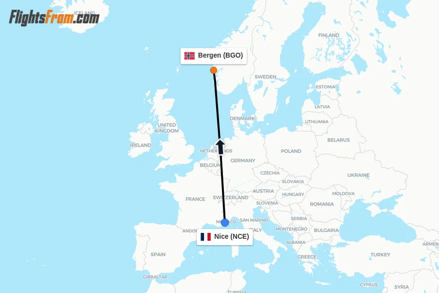 Flights from Nice to Bergen route map