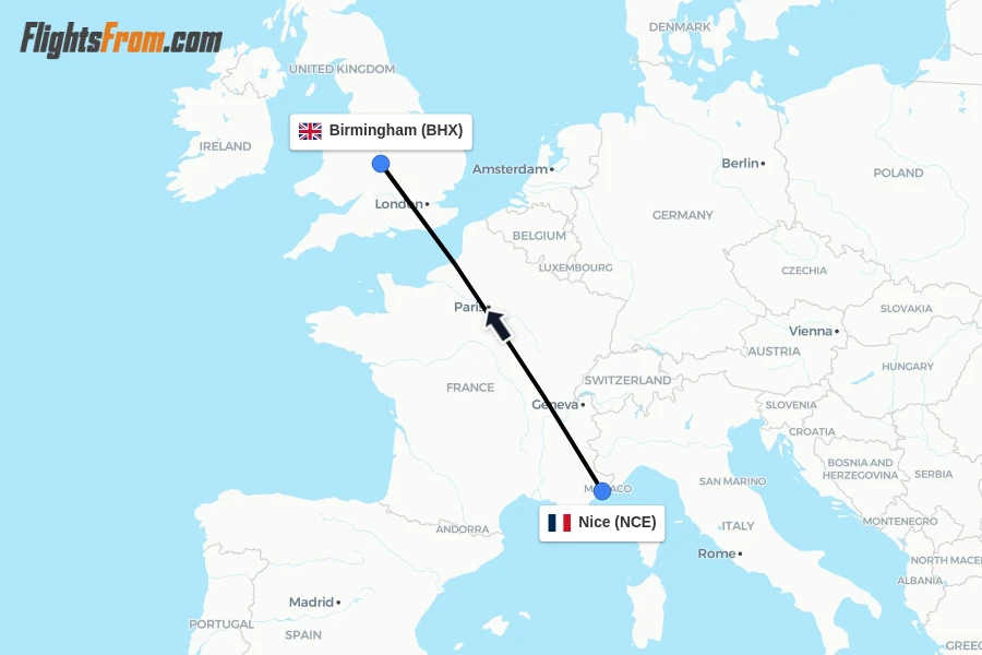 Flights from Nice to Birmingham route map