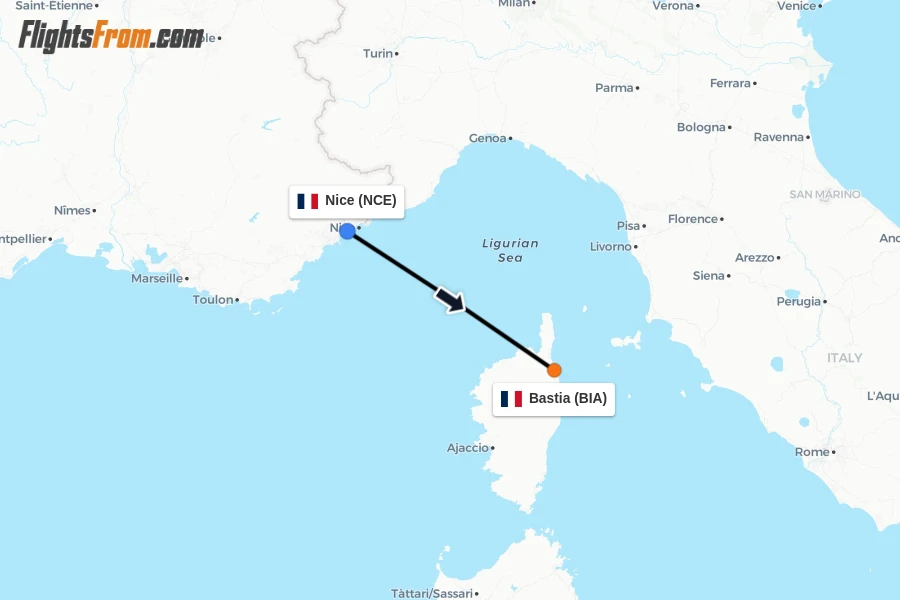 Flights from Nice to Bastia route map