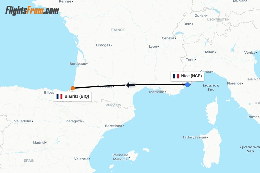 Flights from Nice to Biarritz route map