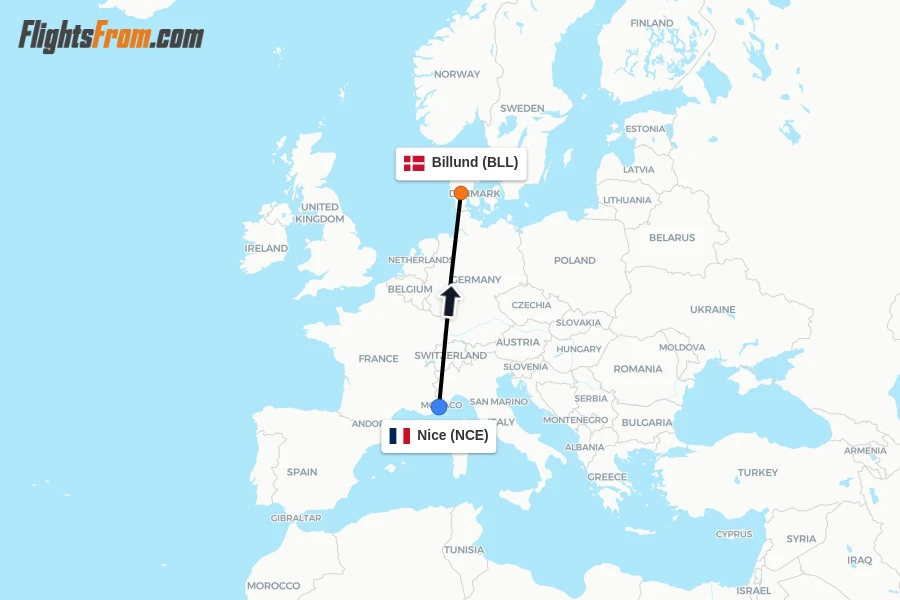 Flights from Nice to Billund route map