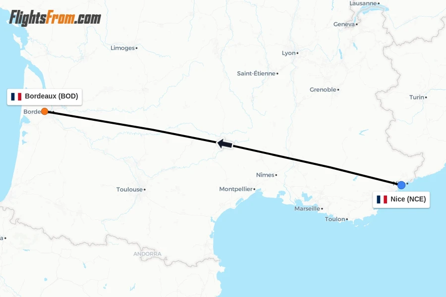 Flights from Nice to Bordeaux route map