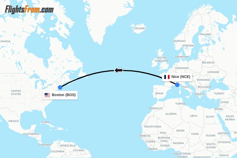 Flights from Nice to Boston route map