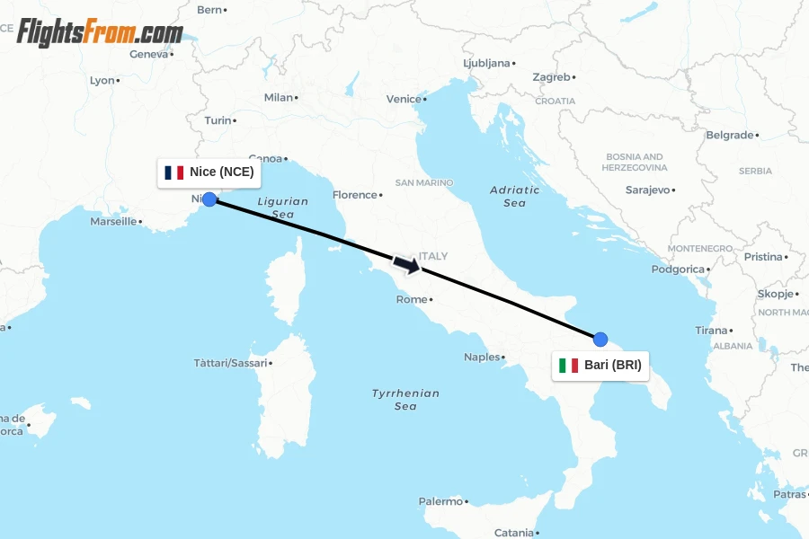 Flights from Nice to Bari route map