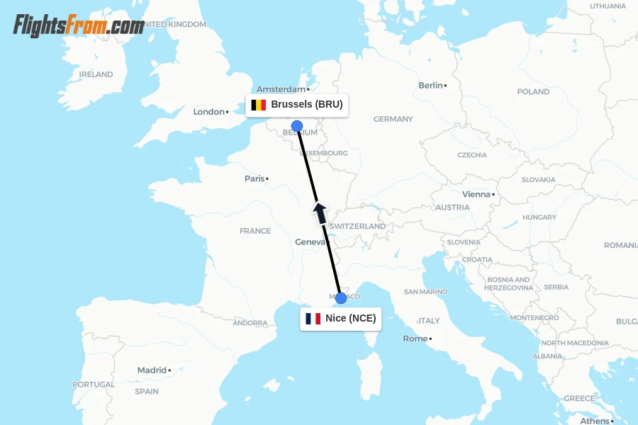 Flights from Nice to Brussels route map