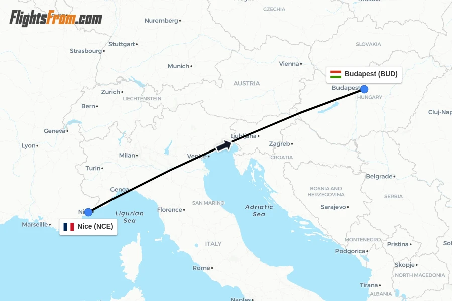 Flights from Nice to Budapest route map