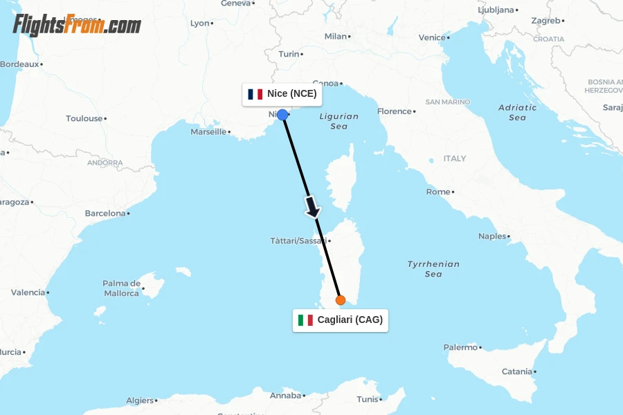 Flights from Nice to Cagliari route map