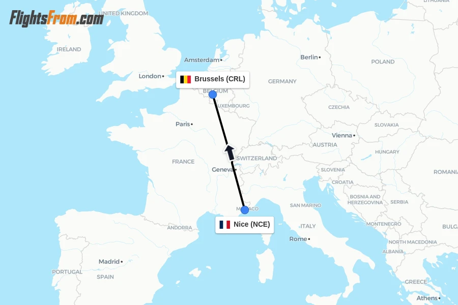 Flights from Nice to Brussels route map