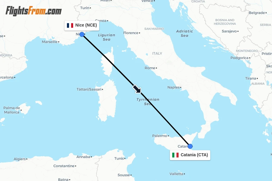 Flights from Nice to Catania route map