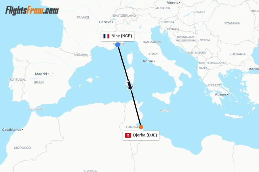 Flights from Nice to Djerba route map