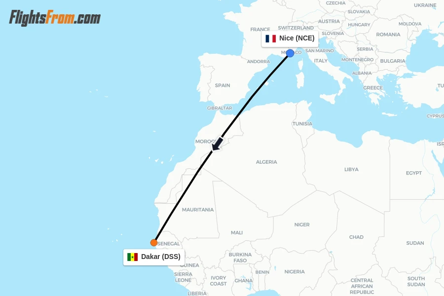 Flights from Nice to Dakar route map