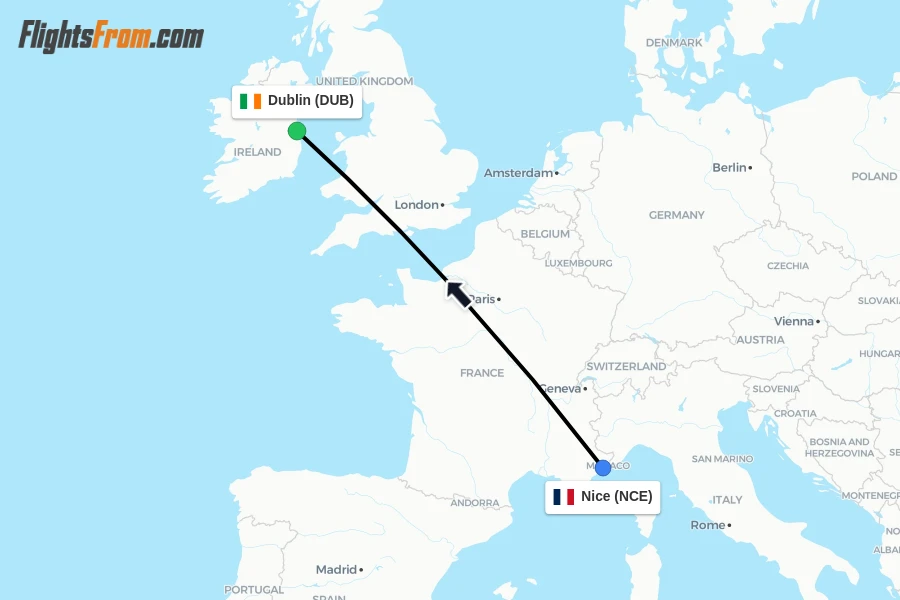 Flights from Nice to Dublin route map