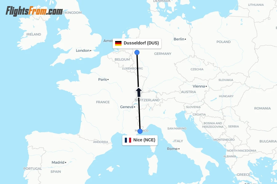 Flights from Nice to Dusseldorf route map