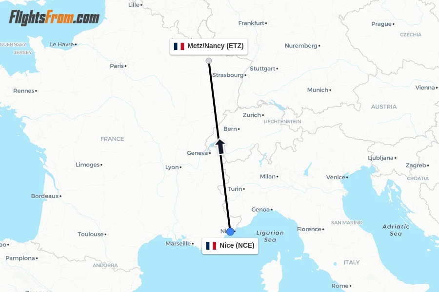 Flights from Nice to Metz/Nancy route map