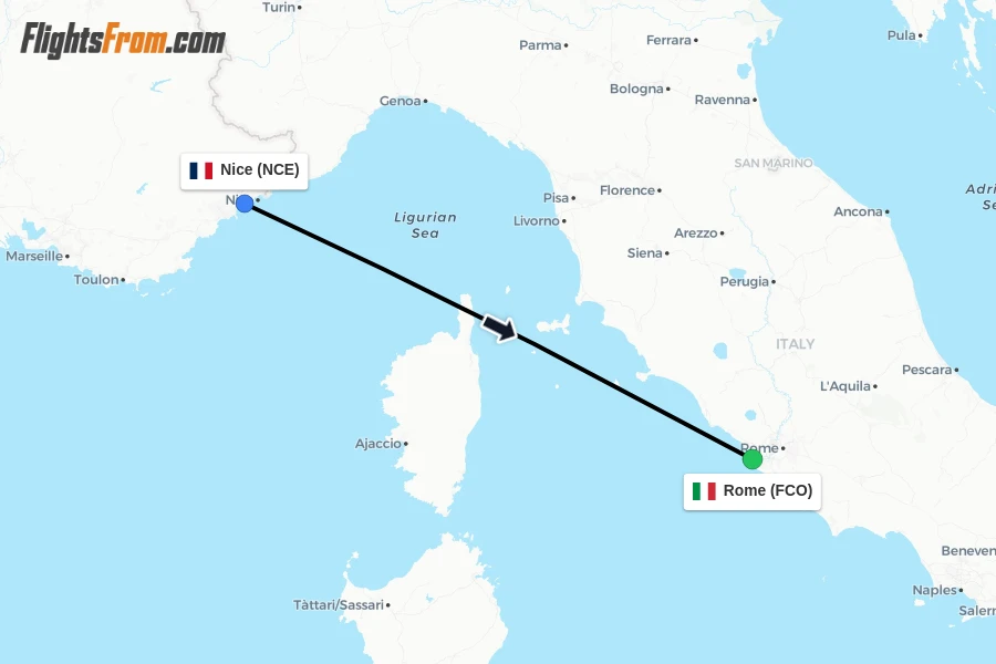 Flights from Nice to Rome route map