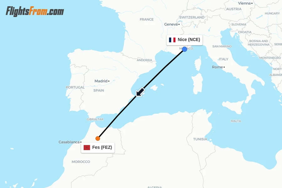 Flights from Nice to Fes route map
