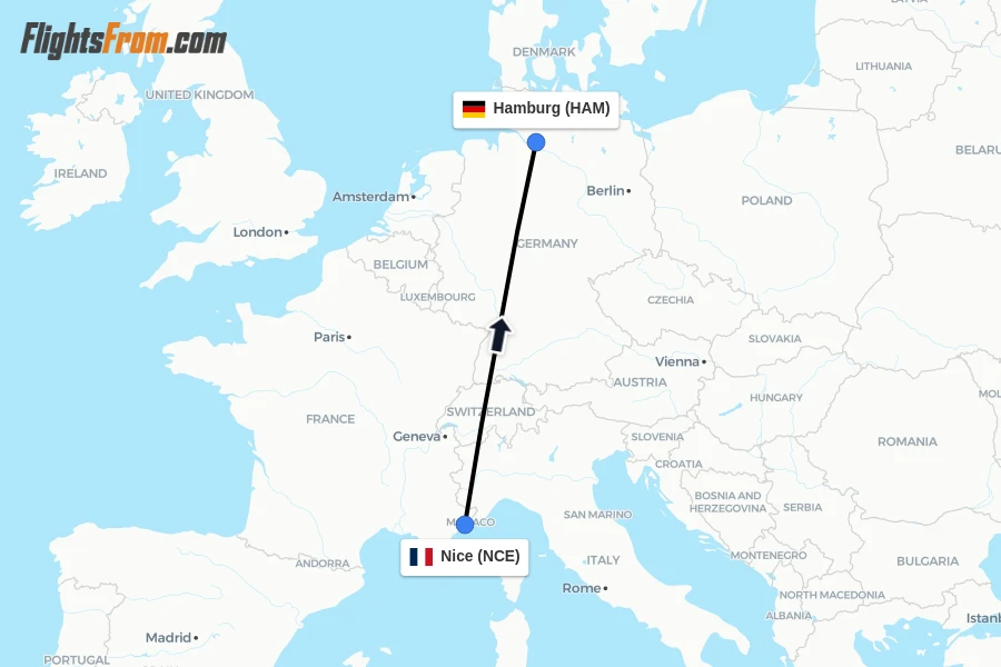 Flights from Nice to Hamburg route map