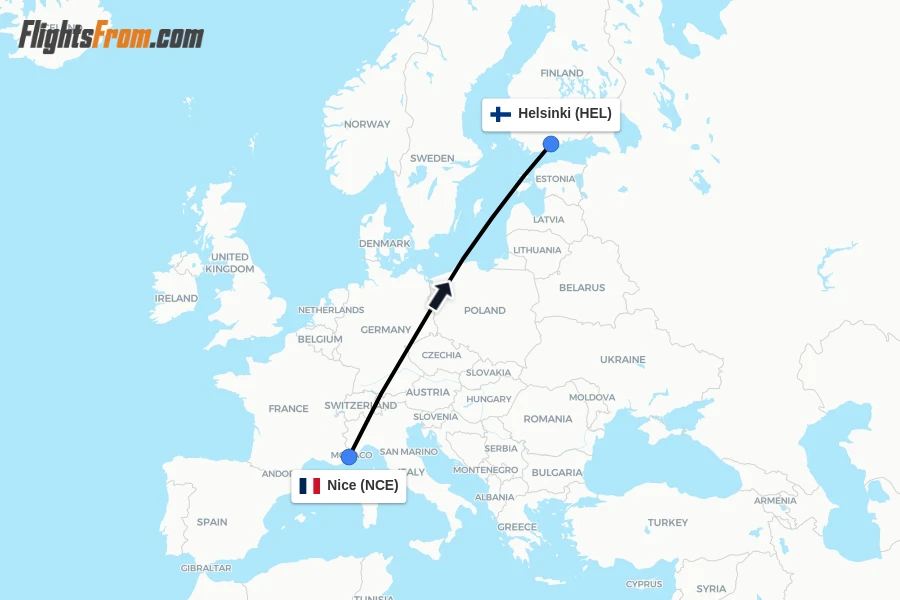 Flights from Nice to Helsinki route map