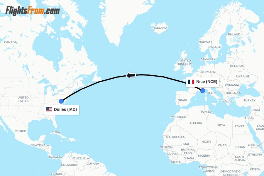 Flights from Nice to Dulles route map