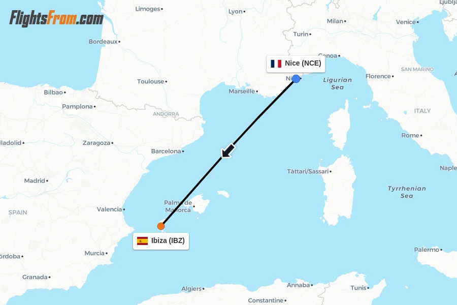 Flights from Nice to Ibiza route map