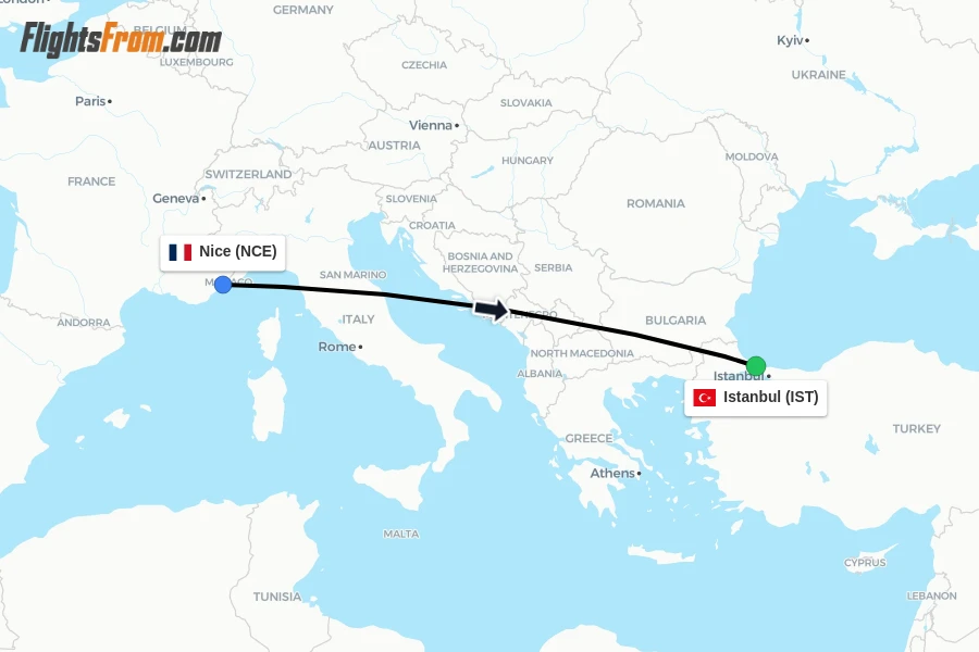 Flights from Nice to Istanbul route map